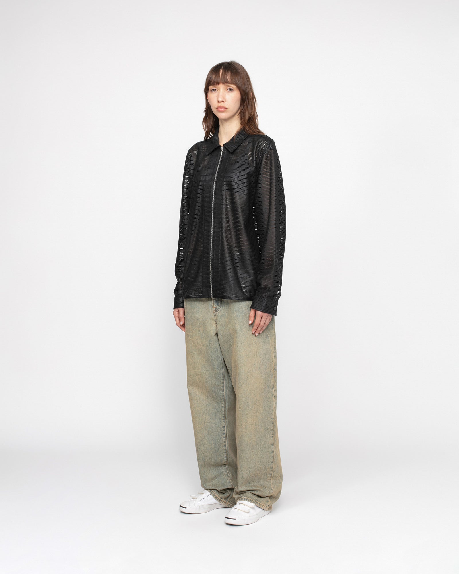 Stüssy Zip Shirt Perforated Leather Black Tops