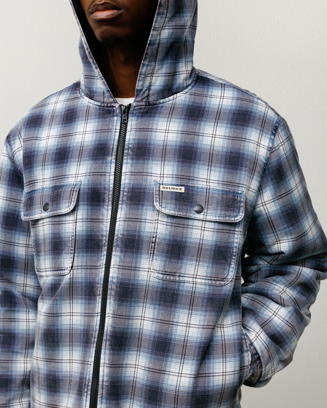 Zip Hooded Plaid Shirt Mens Long Sleeve In Blue