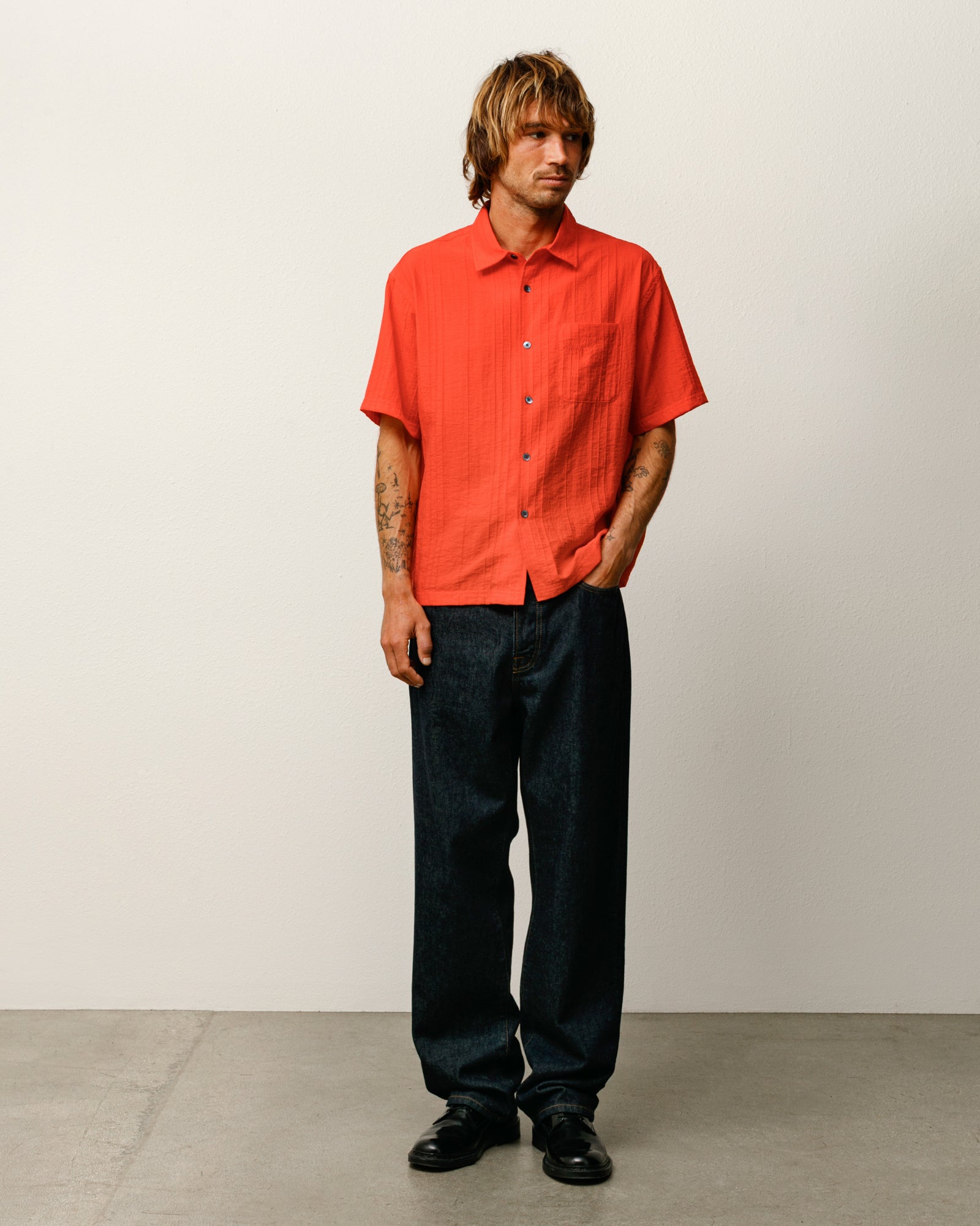 Pleated Textured Shirt Mens Long Sleeve In Red