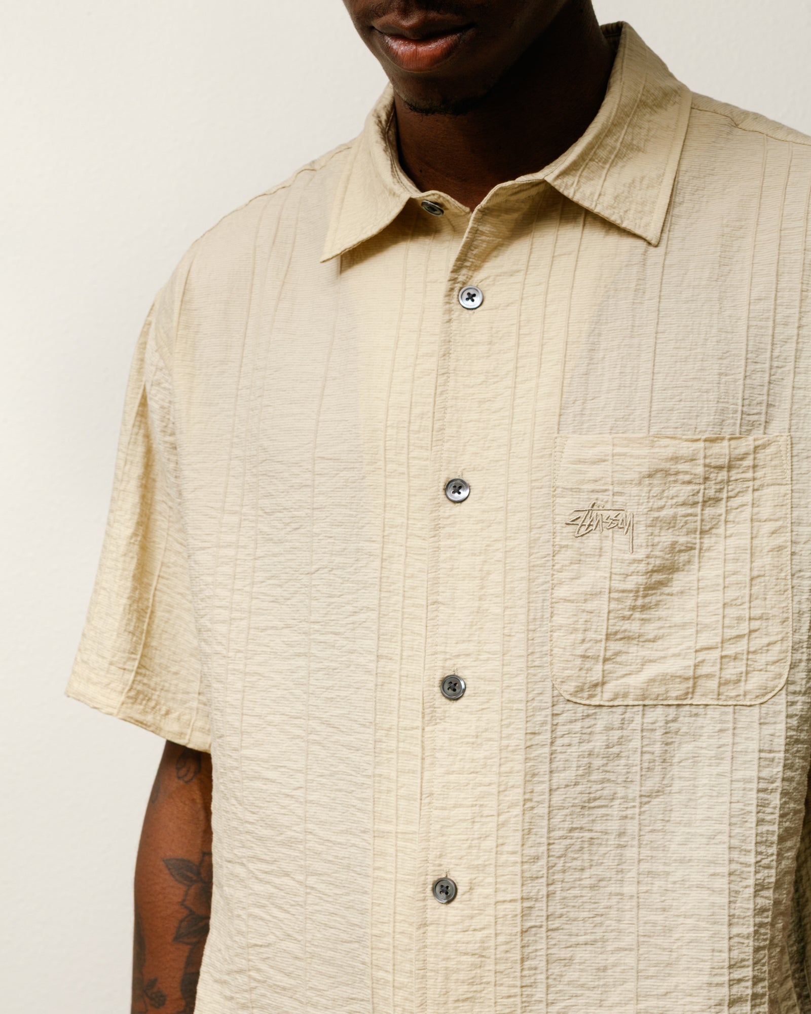 Pleated Textured Shirt Mens Long Sleeve In Tan