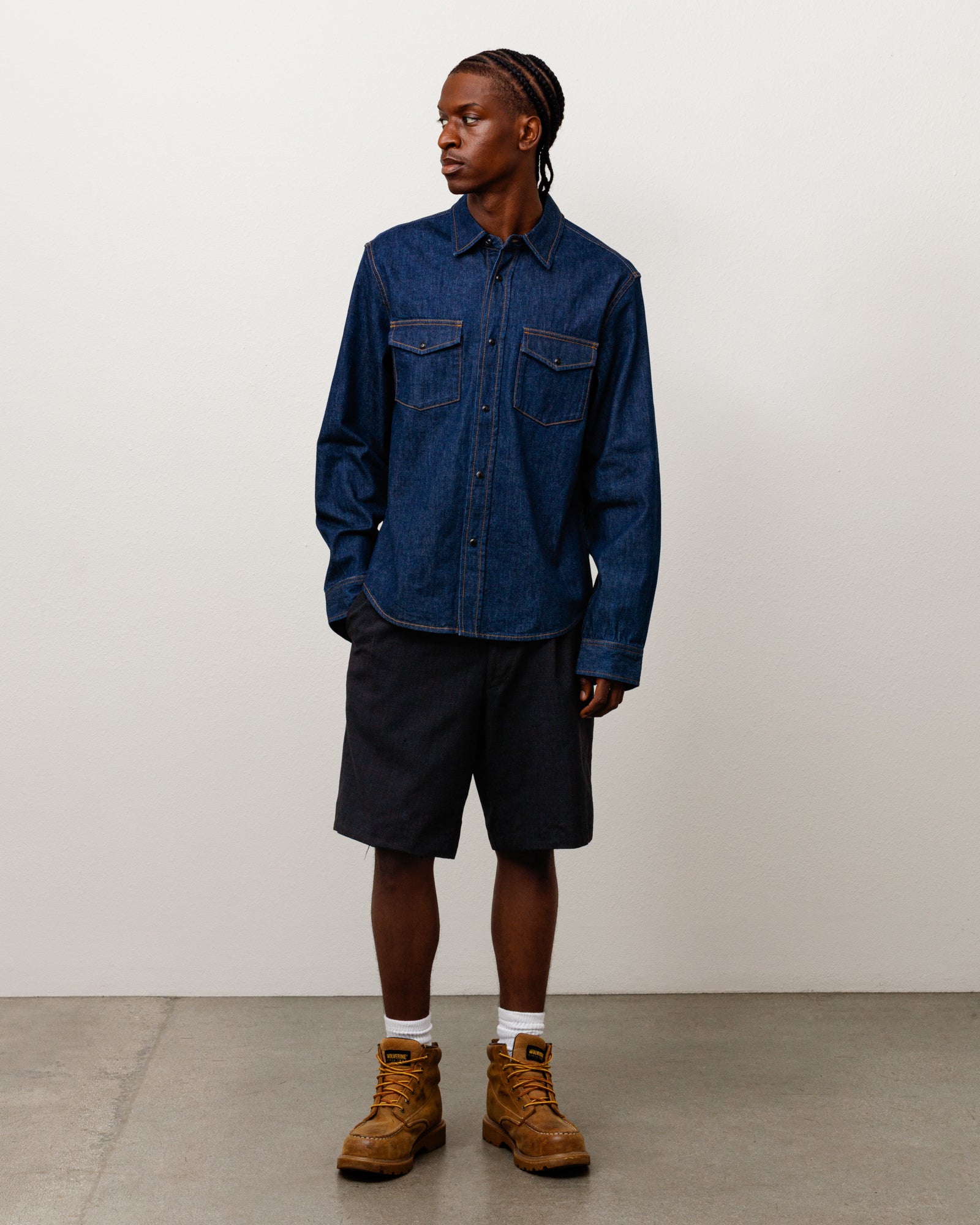 Denim Western Shirt Unisex Long Sleeve In Dark Denim