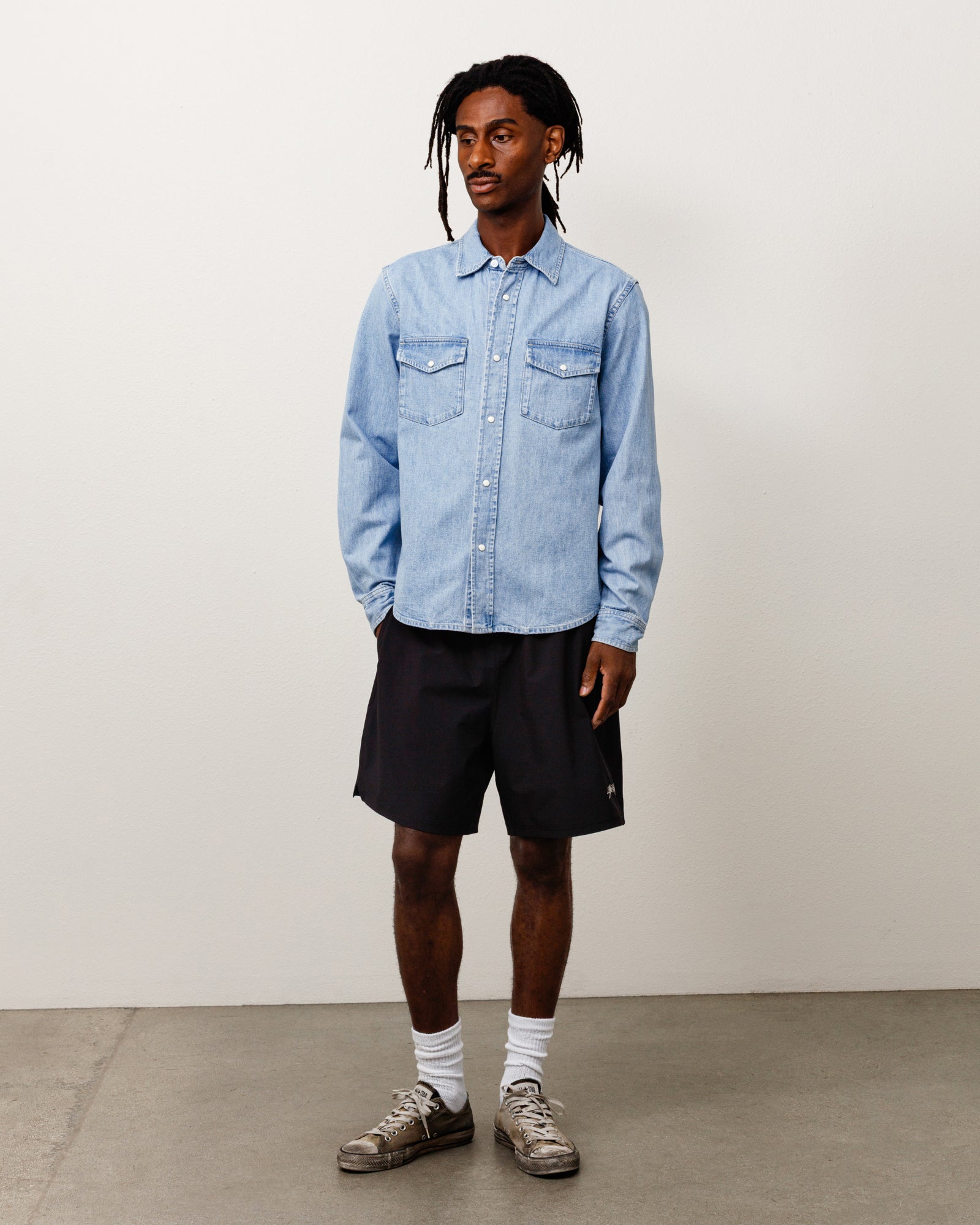 Denim Western Shirt Unisex Long Sleeve In Light Denim