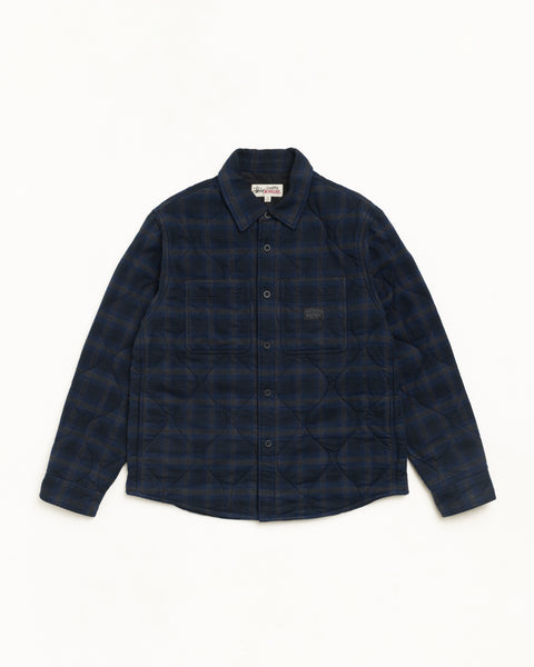 Quilted Plaid Shirt Jacket Unisex Long Sleeve In Navy