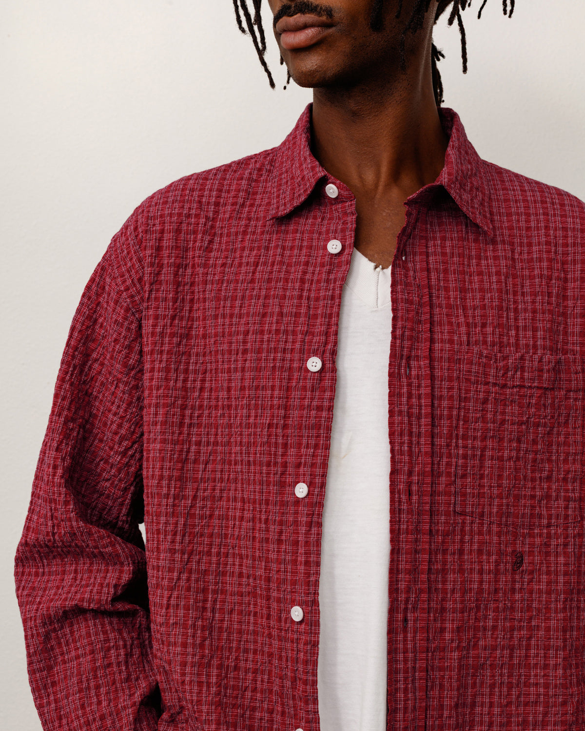 Standard Ls Shirt Crinkle Unisex Long Sleeve In Burgundy Check