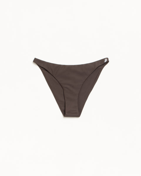 고무 소재의 Stüssy 스월 S 로고가 돋보이는 브라운 컬러의 클래식한 여성용 비키니 보텀 스윔웨어