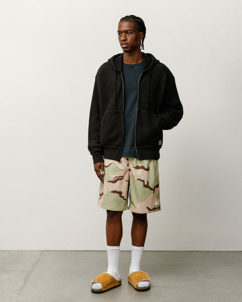 Double Layer Waffle Zip Hood Mens Long Sleeve In Black