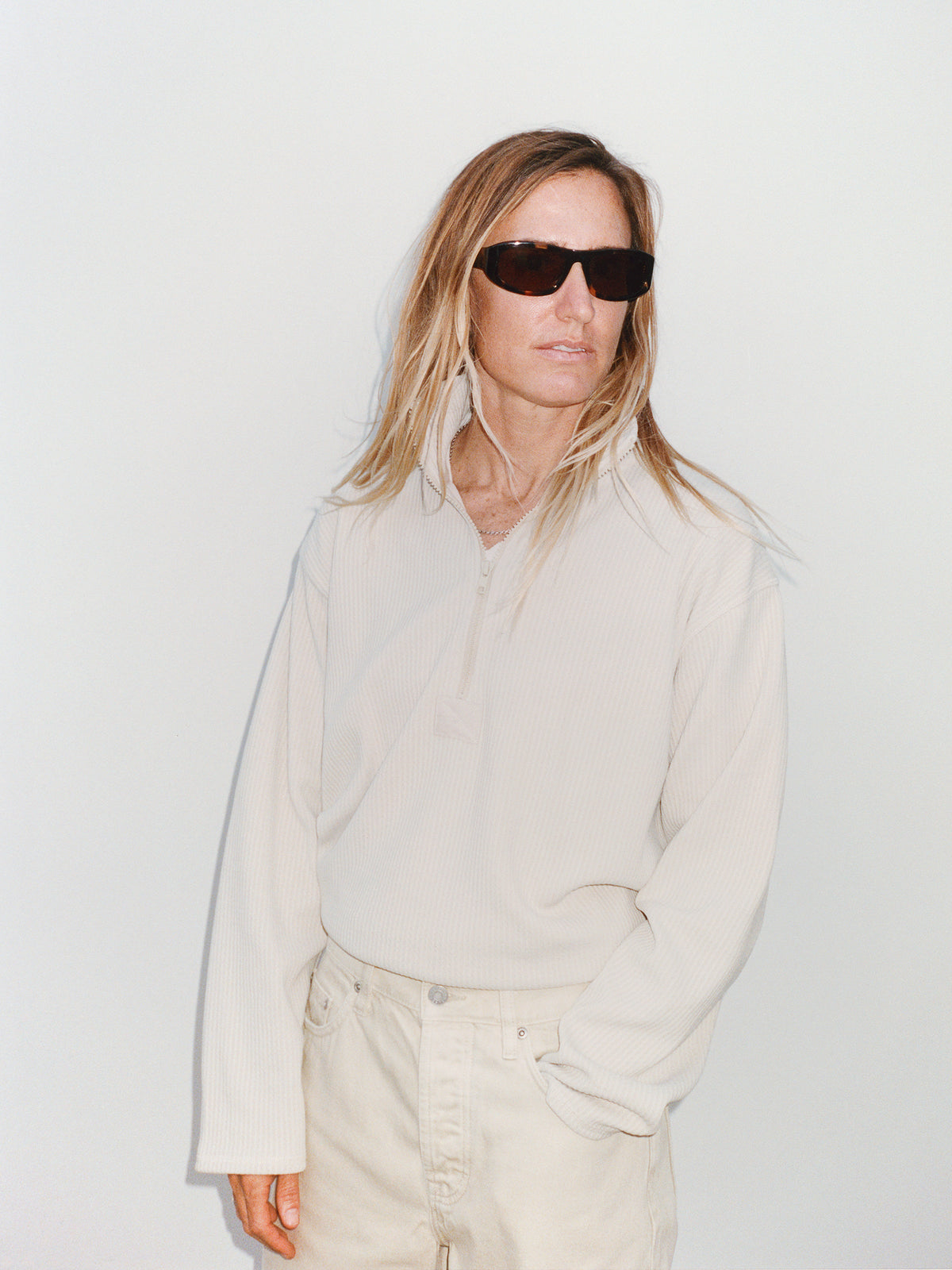 Textured Zip Mock Unisex Long Sleeve In Sand