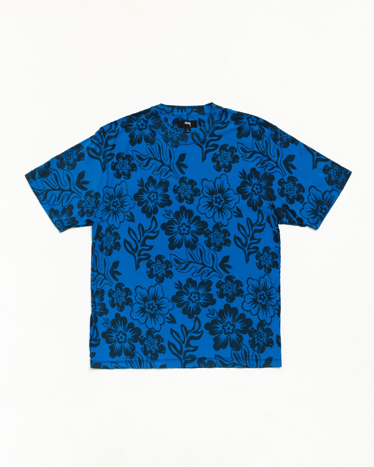 LAZY FLORAL TEE 유니섹스 플로럴 프린트 반소매 티셔츠, 스포트 블루 컬러
