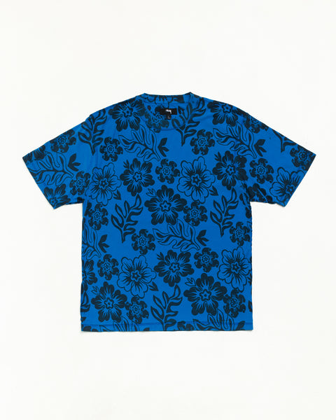 LAZY FLORAL TEE 유니섹스 플로럴 프린트 반소매 티셔츠, 스포트 블루 컬러