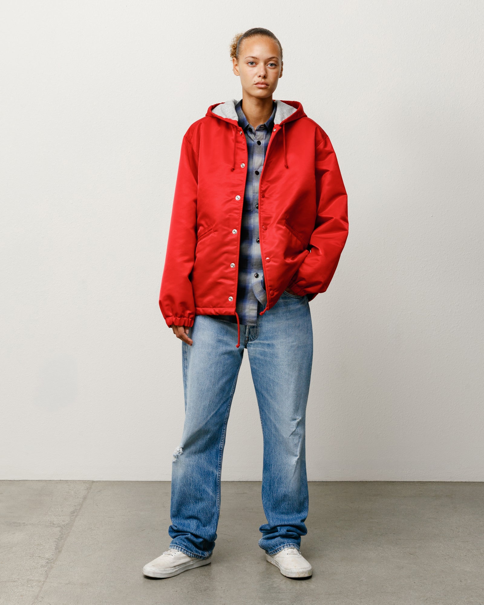 Hooded Coaches Jacket Unisex Long Sleeve In Red