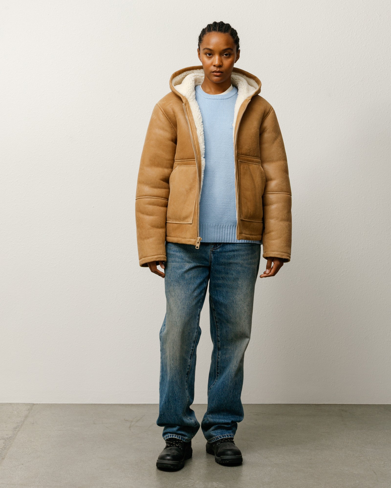 Shearling Hooded Jacket Mens Long Sleeve In Tan