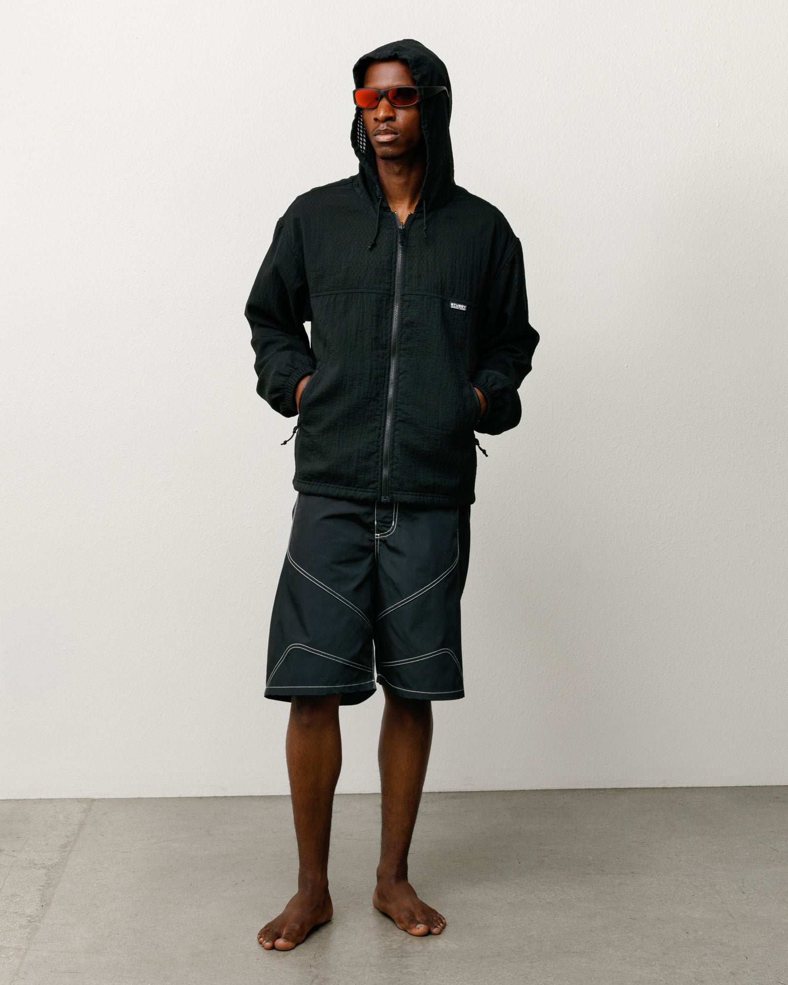 Layered Mesh Hooded Jacket Unisex Long Sleeve In Black