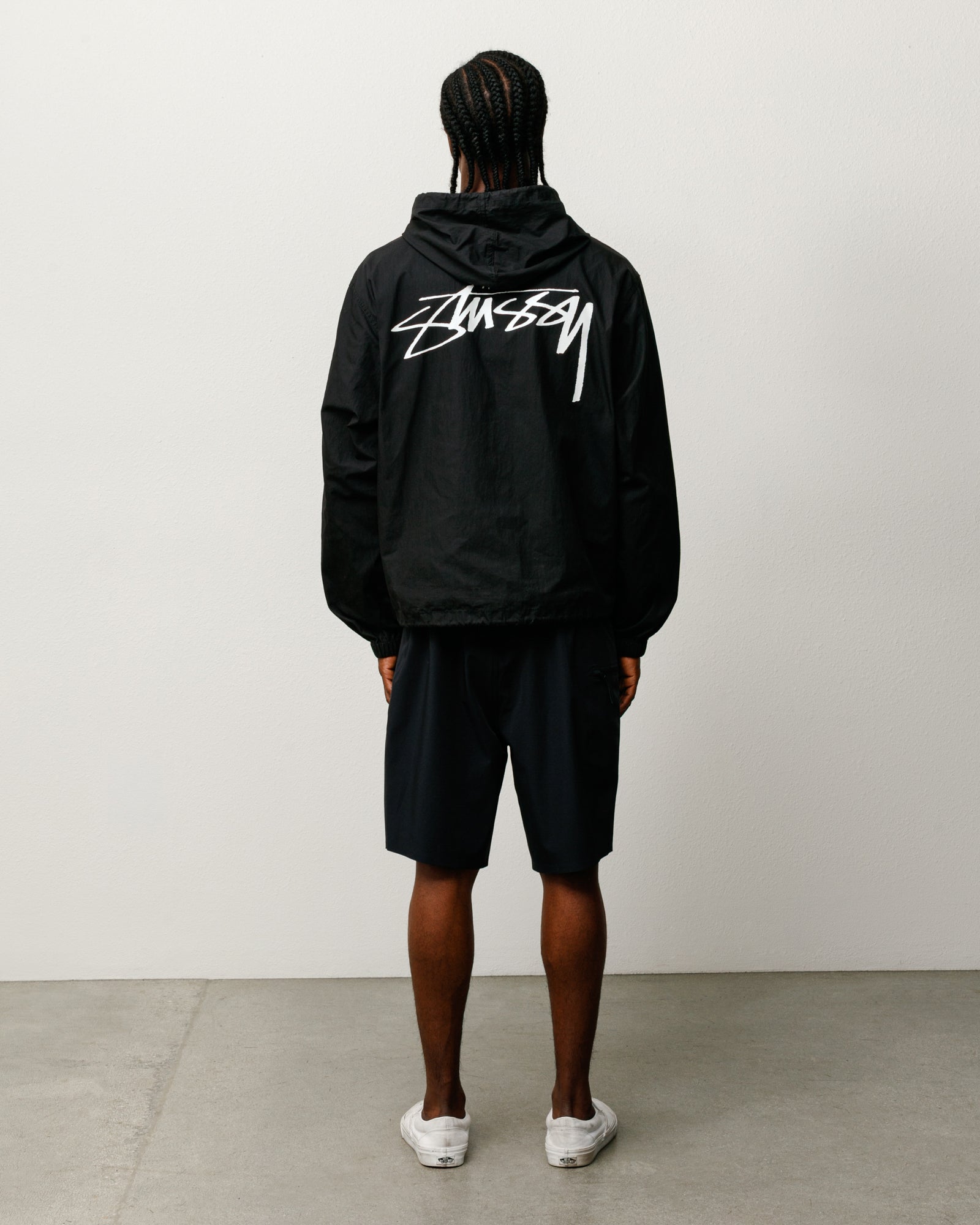 Stüssy 블랙 컬러 왁스드 코튼 비치 셸 후드 재킷, 유니섹스 아우터웨어 스타일