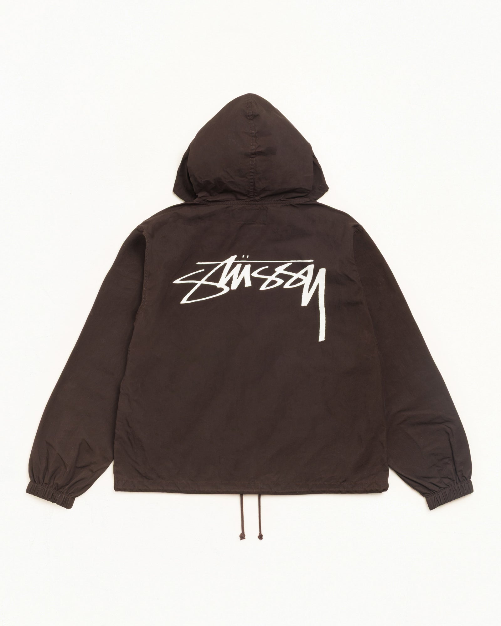 브라운 왁스드 코튼 비치 쉘 재킷, 후드와 릴랙스 핏, 등판 대형 Stüssy 로고