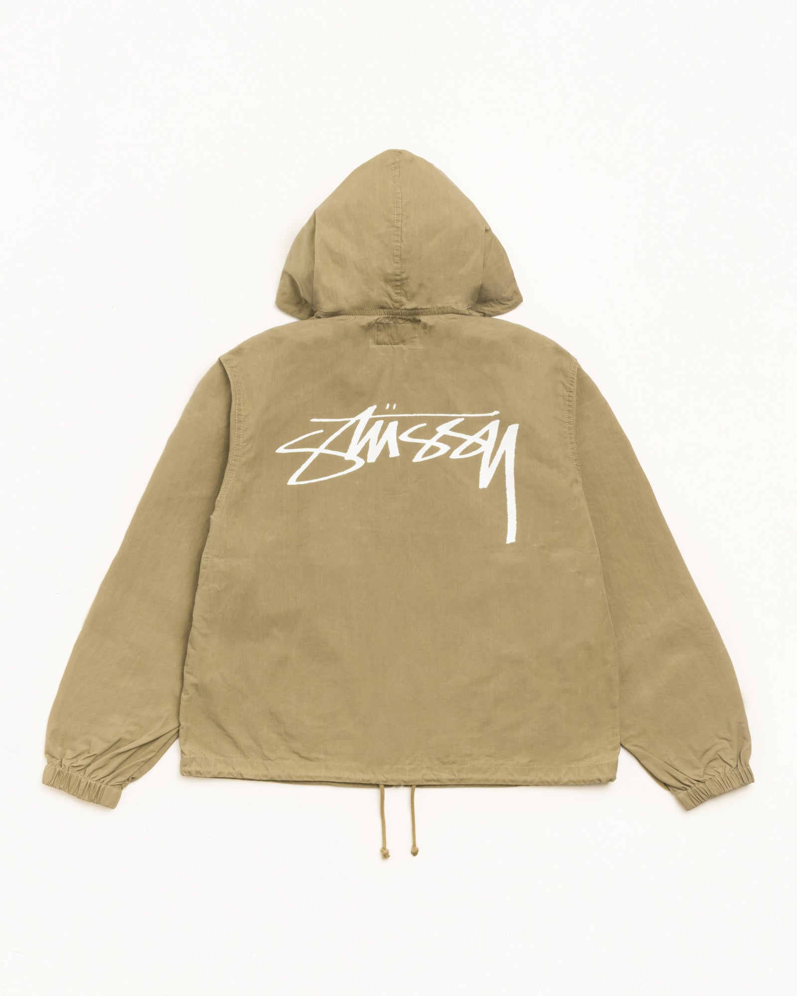 올리브 컬러 왁스드 코튼 비치 셸 후드 재킷, 등판 대형 Stüssy 로고 프린트