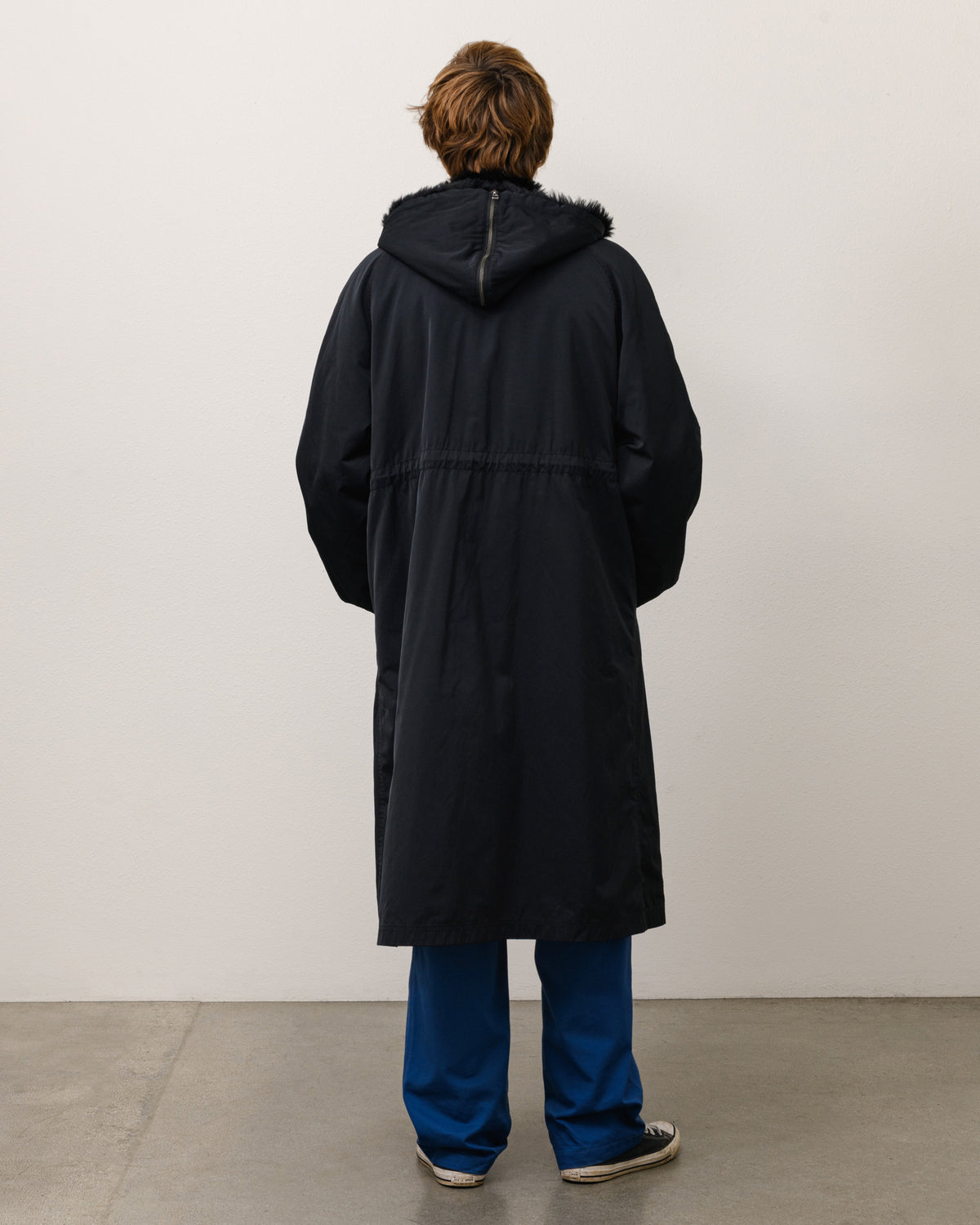 Fur Hood Long Parka Unisex Long Sleeve In Black