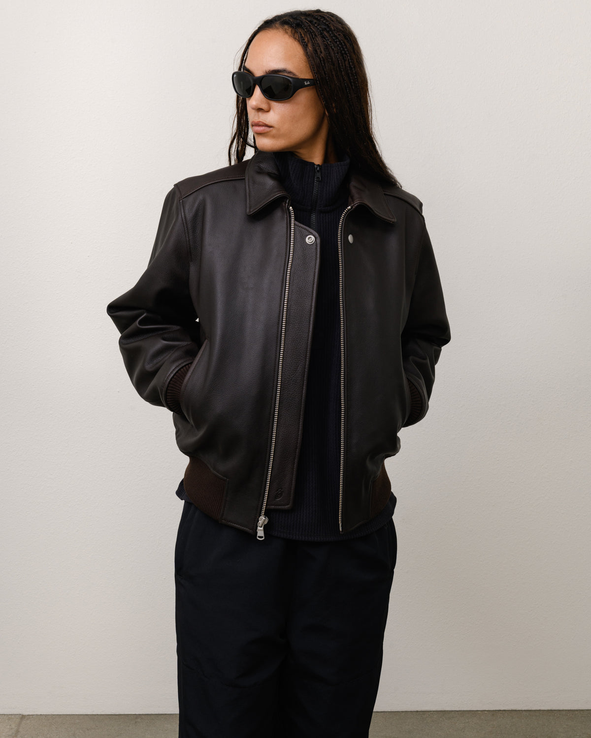Fur Lined Flight Jacket Unisex Long Sleeve In Brown