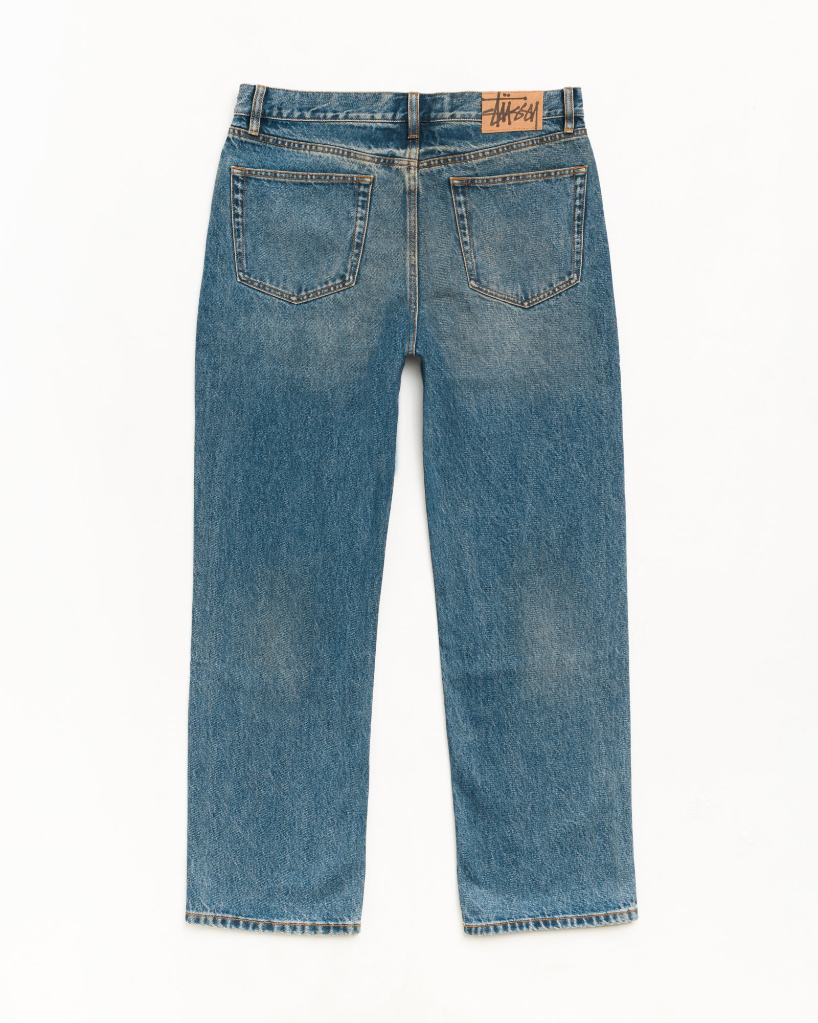 New Classic Jean 데님 다크 워시 인디고, 스트레이트 핏 100% 면, Stüssy 스웨이드 백 패치