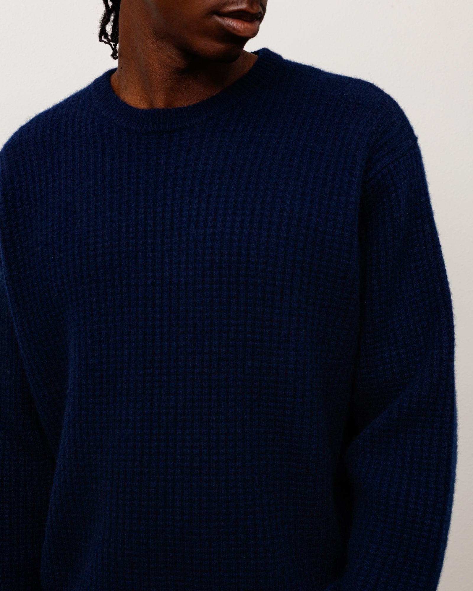 Waffle Cashmere Sweater Unisex Long Sleeve In Deep Navy