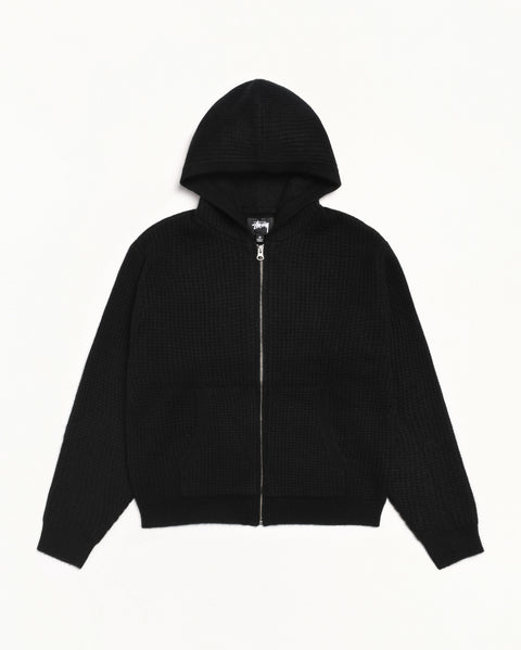 Waffle Cashmere Zip Hood Mens Long Sleeve In Black