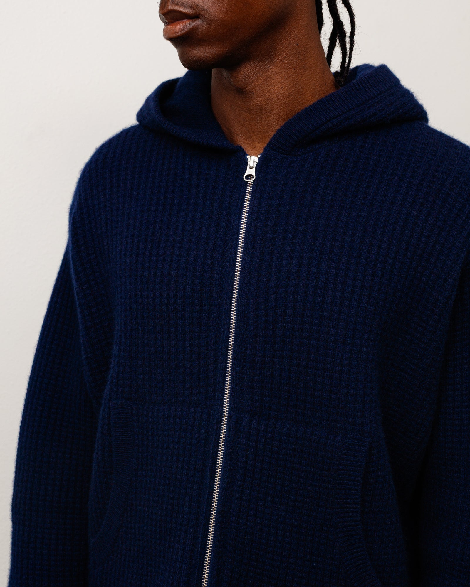 Waffle Cashmere Zip Hood Unisex Long Sleeve In Deep Navy