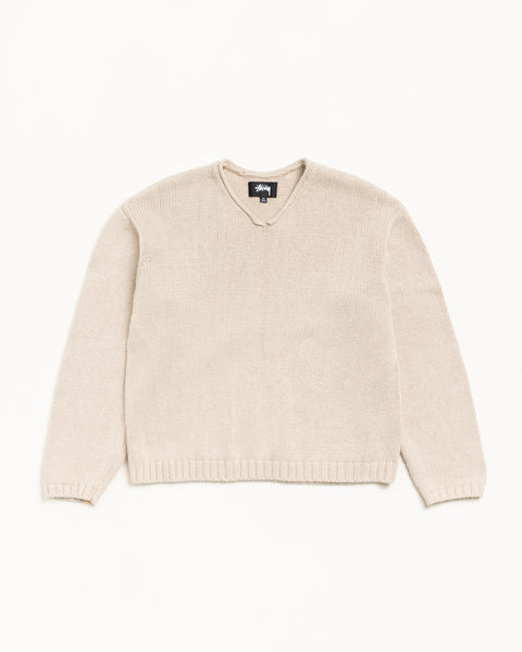 Roll V Neck Sweater Mens Long Sleeve In Oatmeal