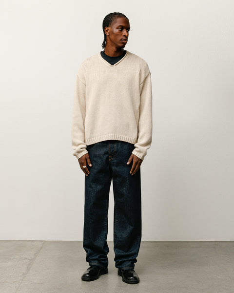 Roll V Neck Sweater Mens Long Sleeve In Oatmeal