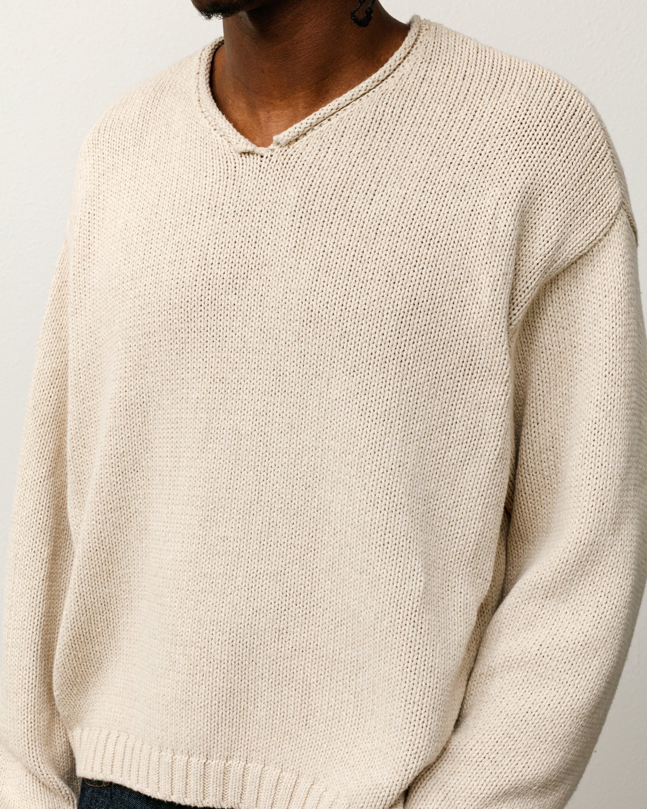 Roll V Neck Sweater Mens Long Sleeve In Oatmeal