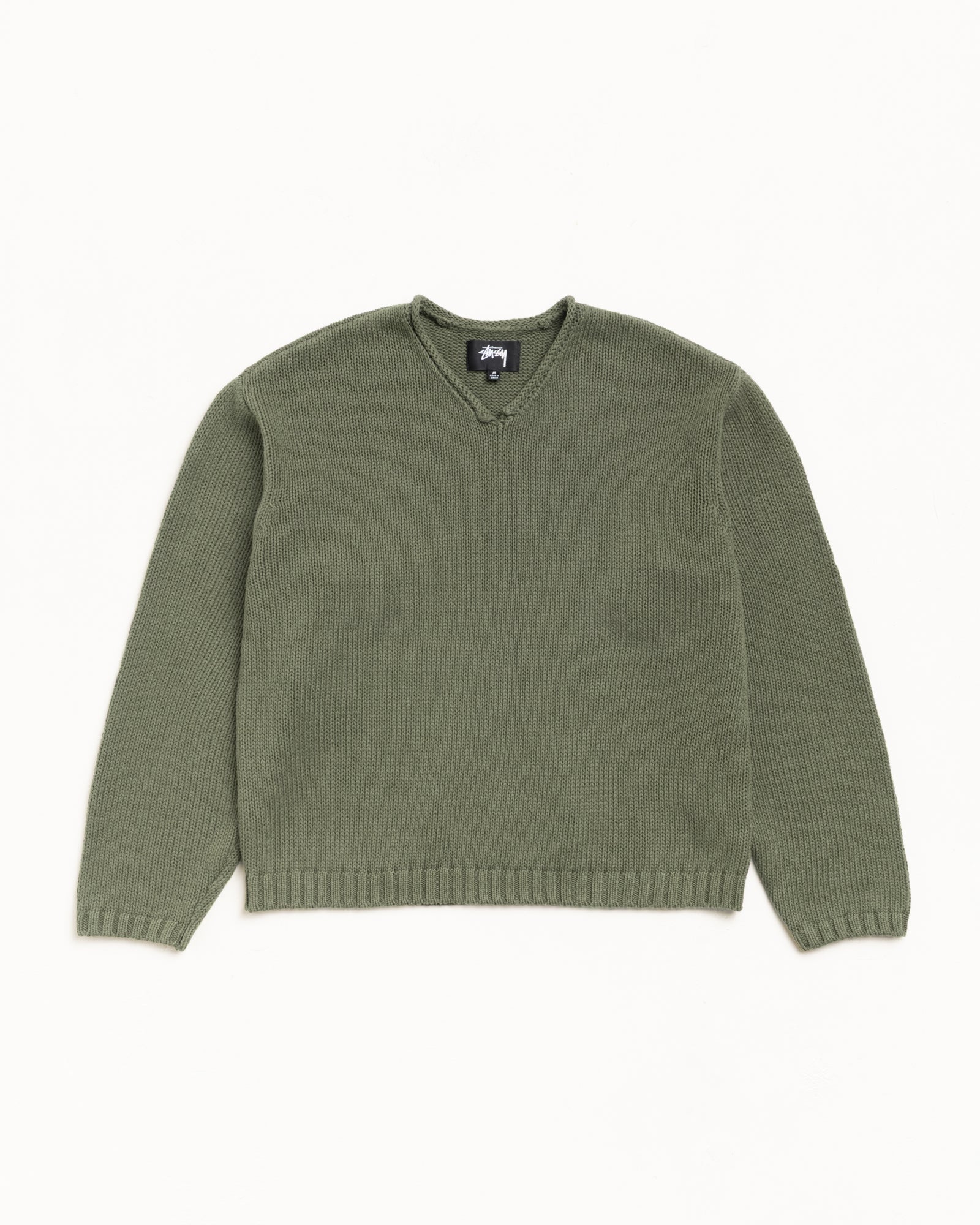 Roll V Neck Sweater Mens Long Sleeve In Olive