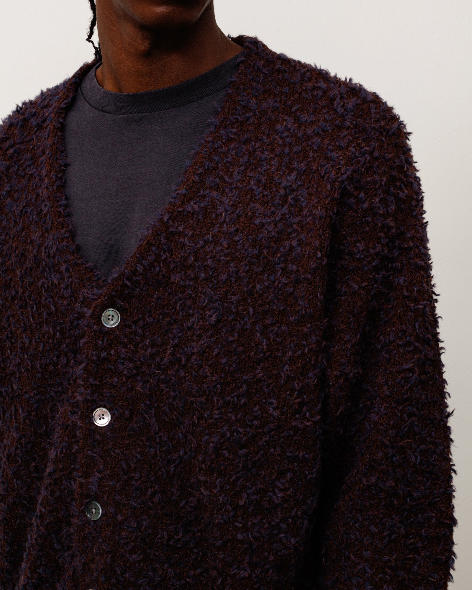 Textured Cardigan Unisex Long Sleeve In Navy Brown