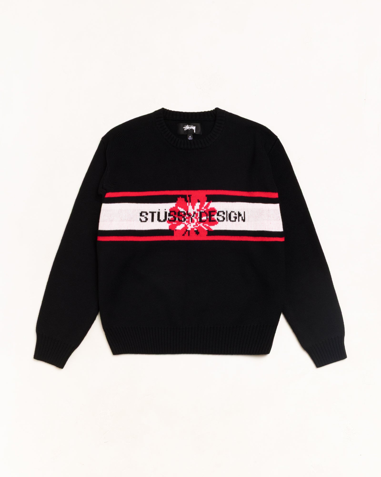 Striped Hibiscus Sweater Unisex Long Sleeve In Black