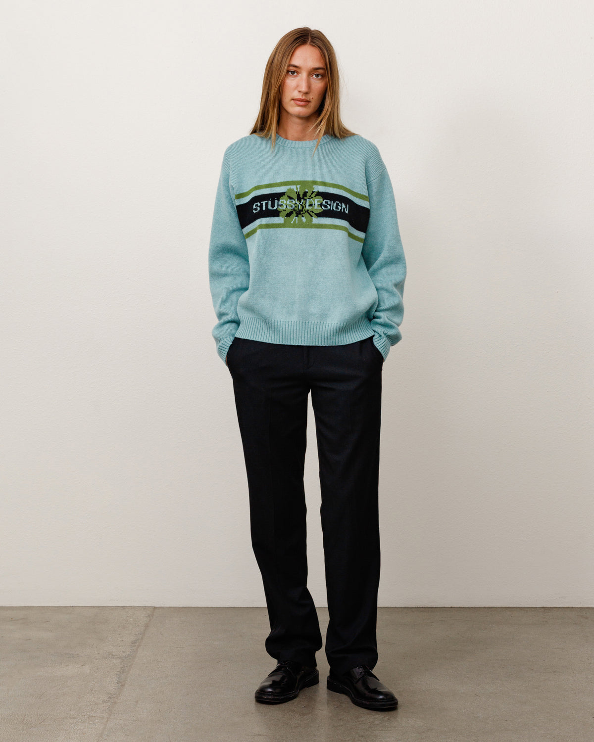 Striped Hibiscus Sweater Unisex Long Sleeve In Dusty Blue