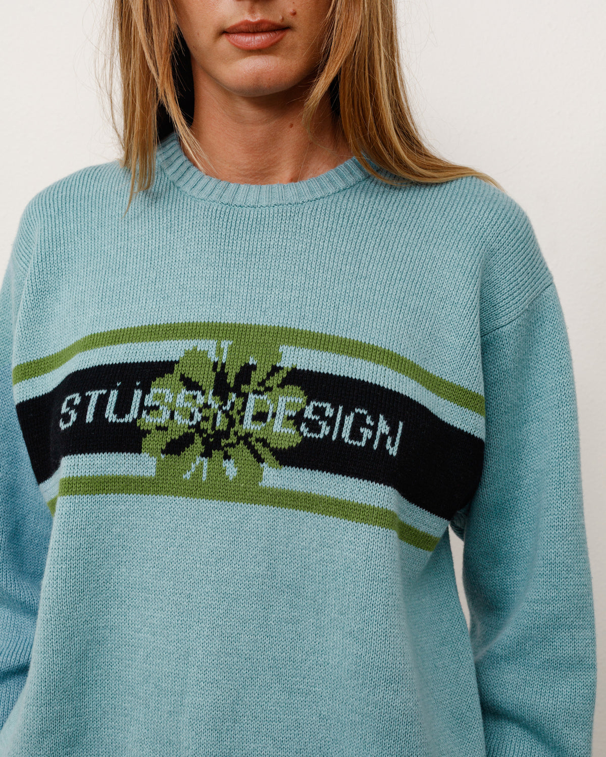 Striped Hibiscus Sweater Unisex Long Sleeve In Dusty Blue