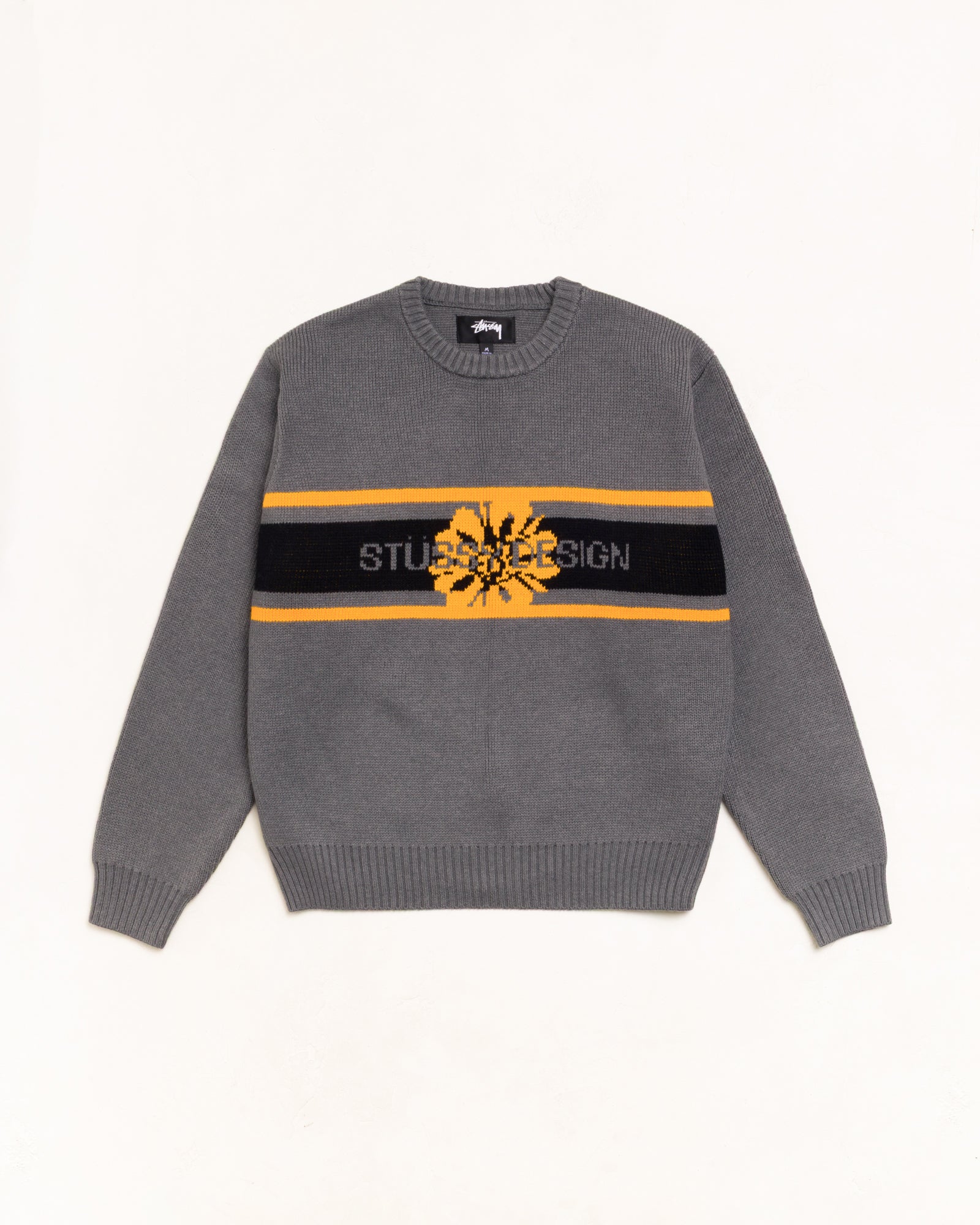 Striped Hibiscus Sweater Unisex Long Sleeve In Grey