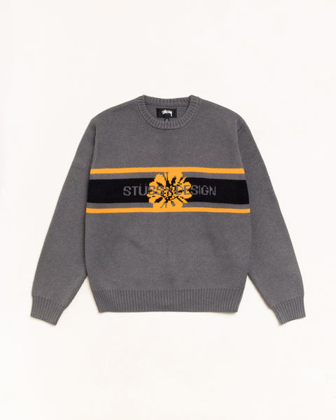 Striped Hibiscus Sweater Unisex Long Sleeve In Grey