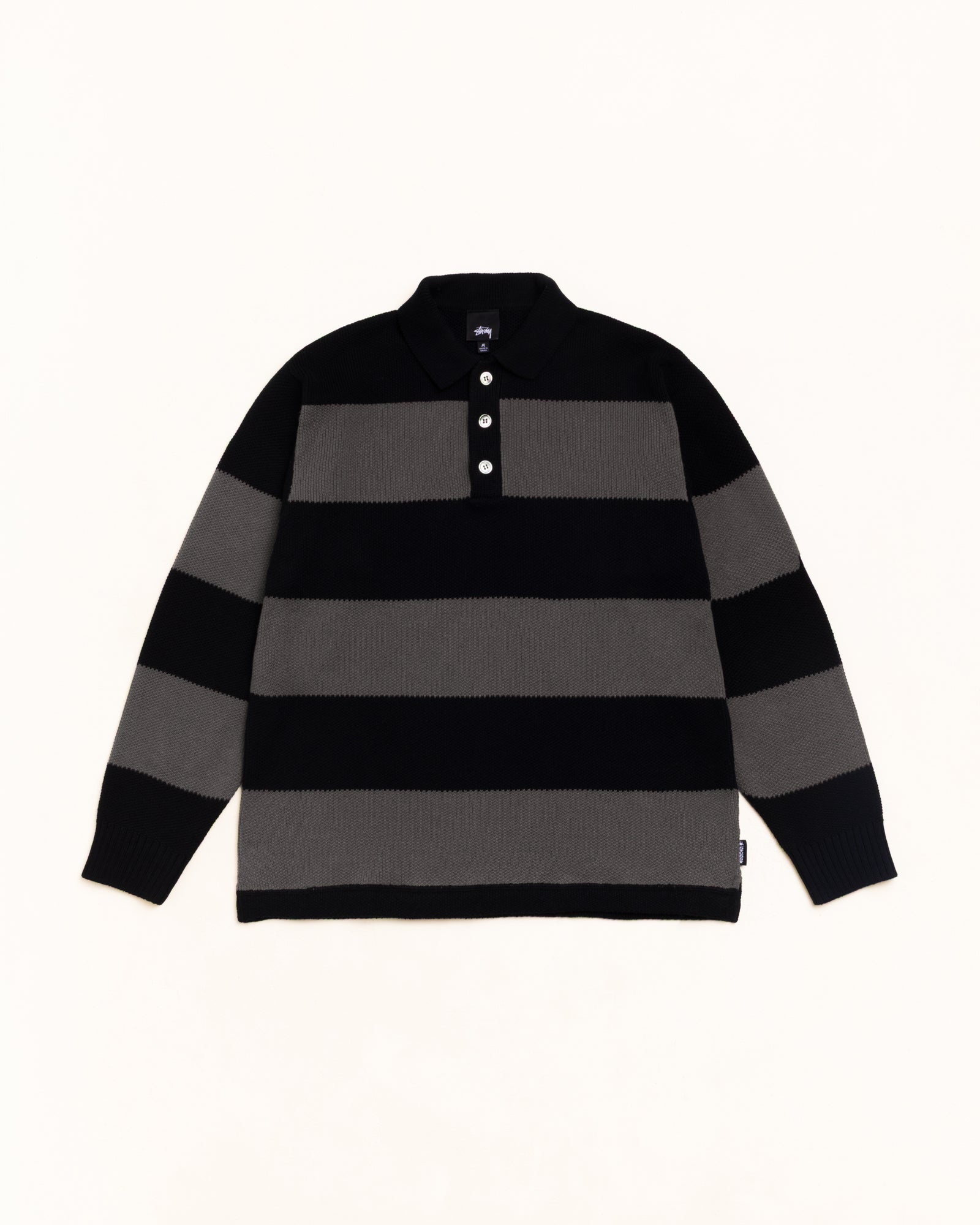 Pique Knit Stripe Rugby Unisex Long Sleeve In Black