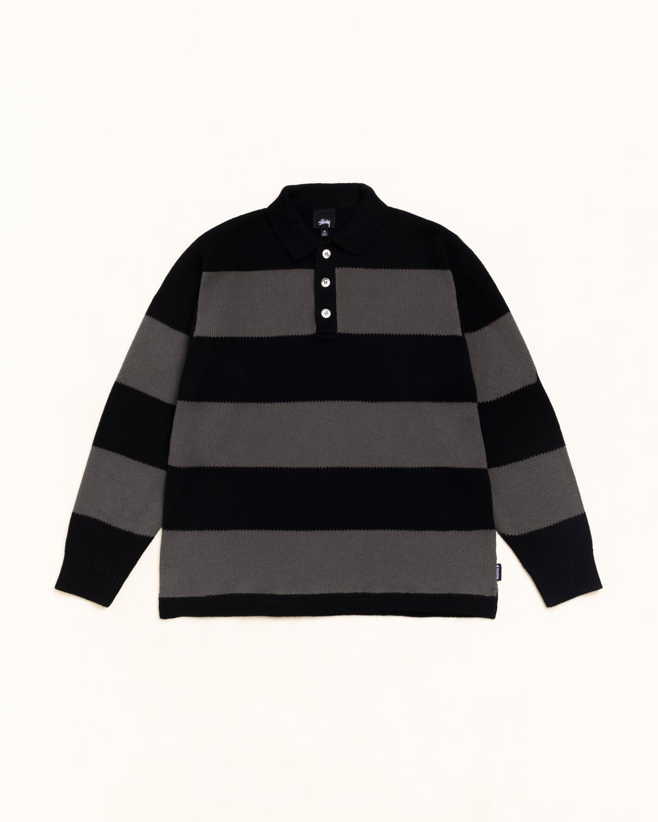 Pique Knit Stripe Rugby Unisex Long Sleeve In Black