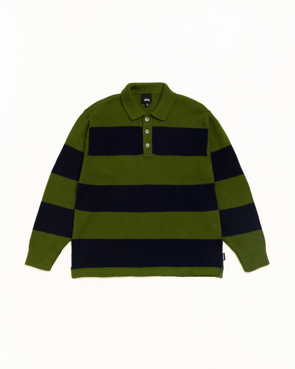 Pique Knit Stripe Rugby Unisex Long Sleeve In Olive