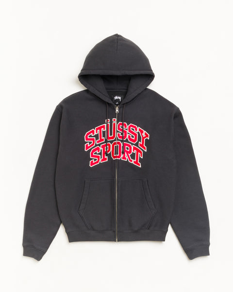 Stüssy 스포츠 집업 후디 유니섹스 제품으로, 색상은 워시드 블랙 컬러입니다.