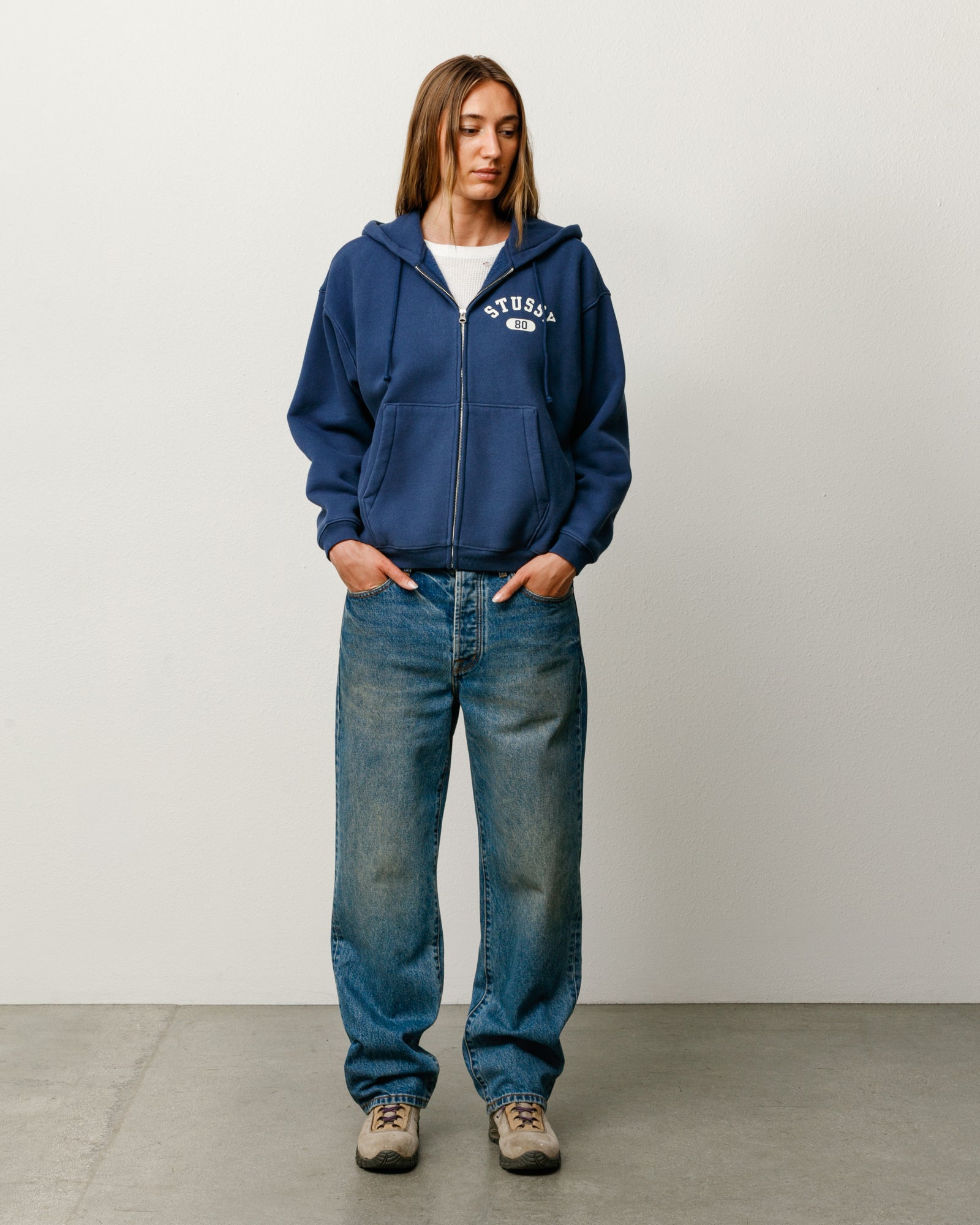 Varsity Zip Hood Unisex Long Sleeve In Navy