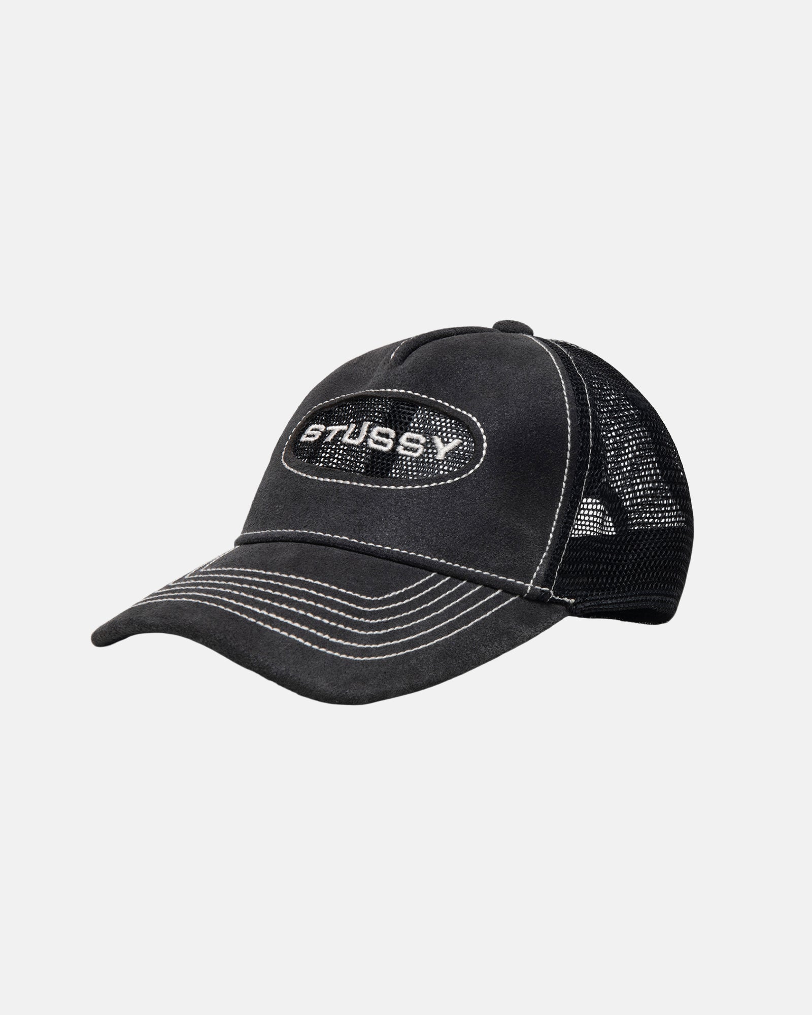 Stüssy Low Pro Trucker Cut-Out Leather Snapback Black Headwear