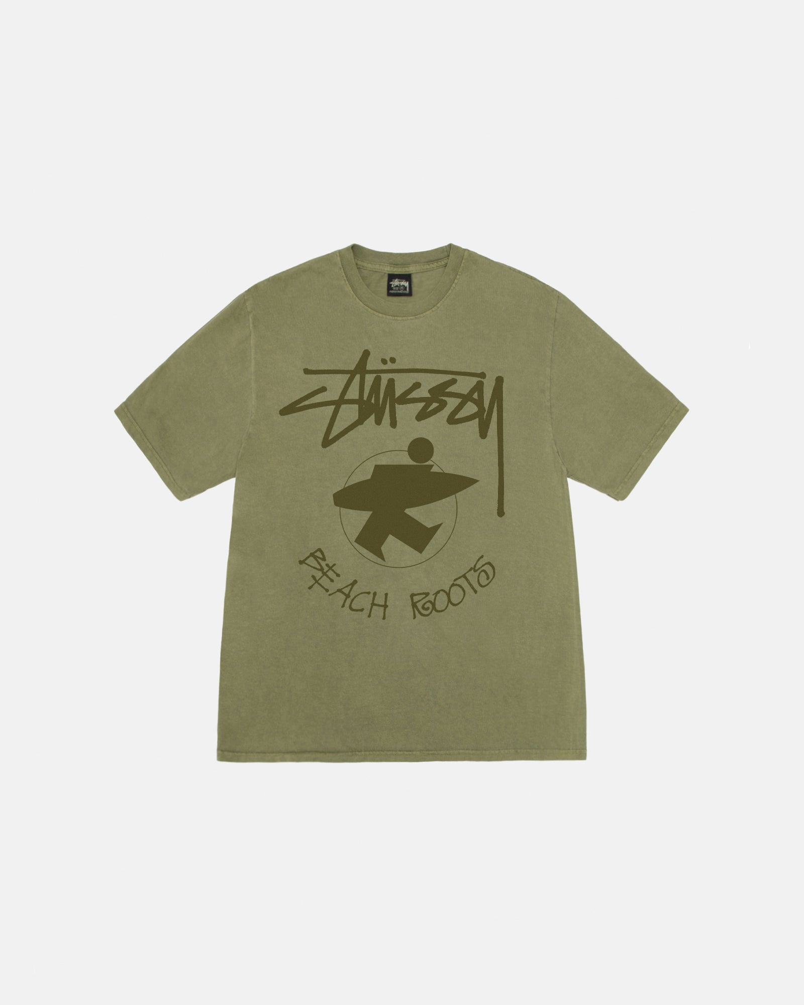 STÜSSY BEACH ROOTS TEE PIGMENT DYED OLIVE SHORTSLEEVE