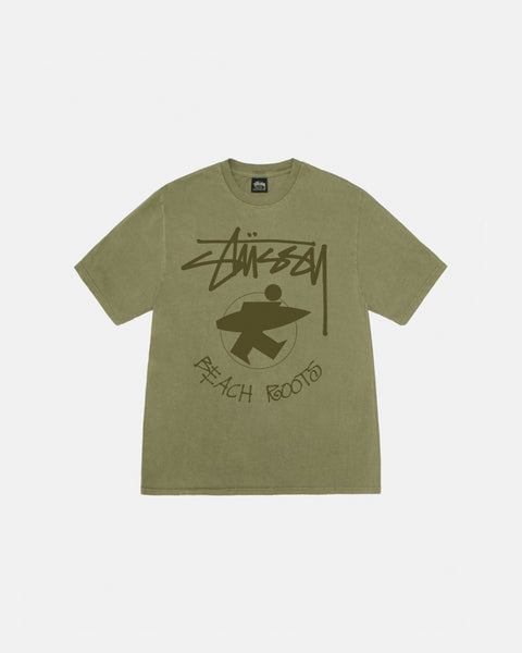 STÜSSY BEACH ROOTS TEE PIGMENT DYED OLIVE SHORTSLEEVE