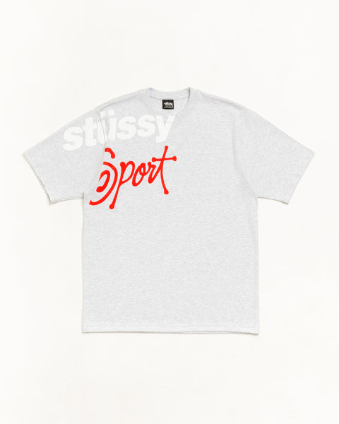 애시 헤더 컬러의 Stussy Sport 유니섹스 반팔 티셔츠, 전면 스크립트 로고 프린트