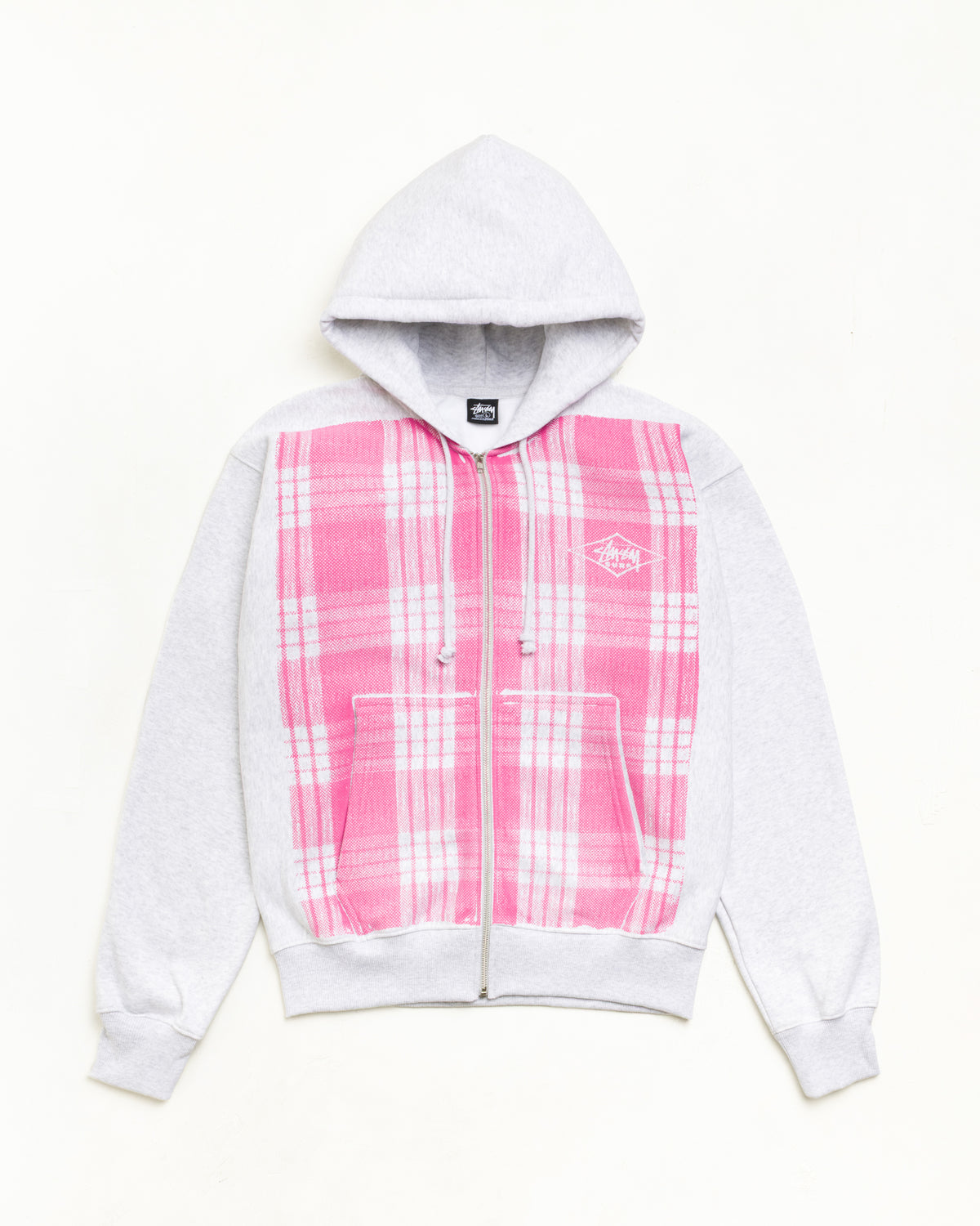 Plaid Zip Hood Unisex Long Sleeve In Ash Heather/pink