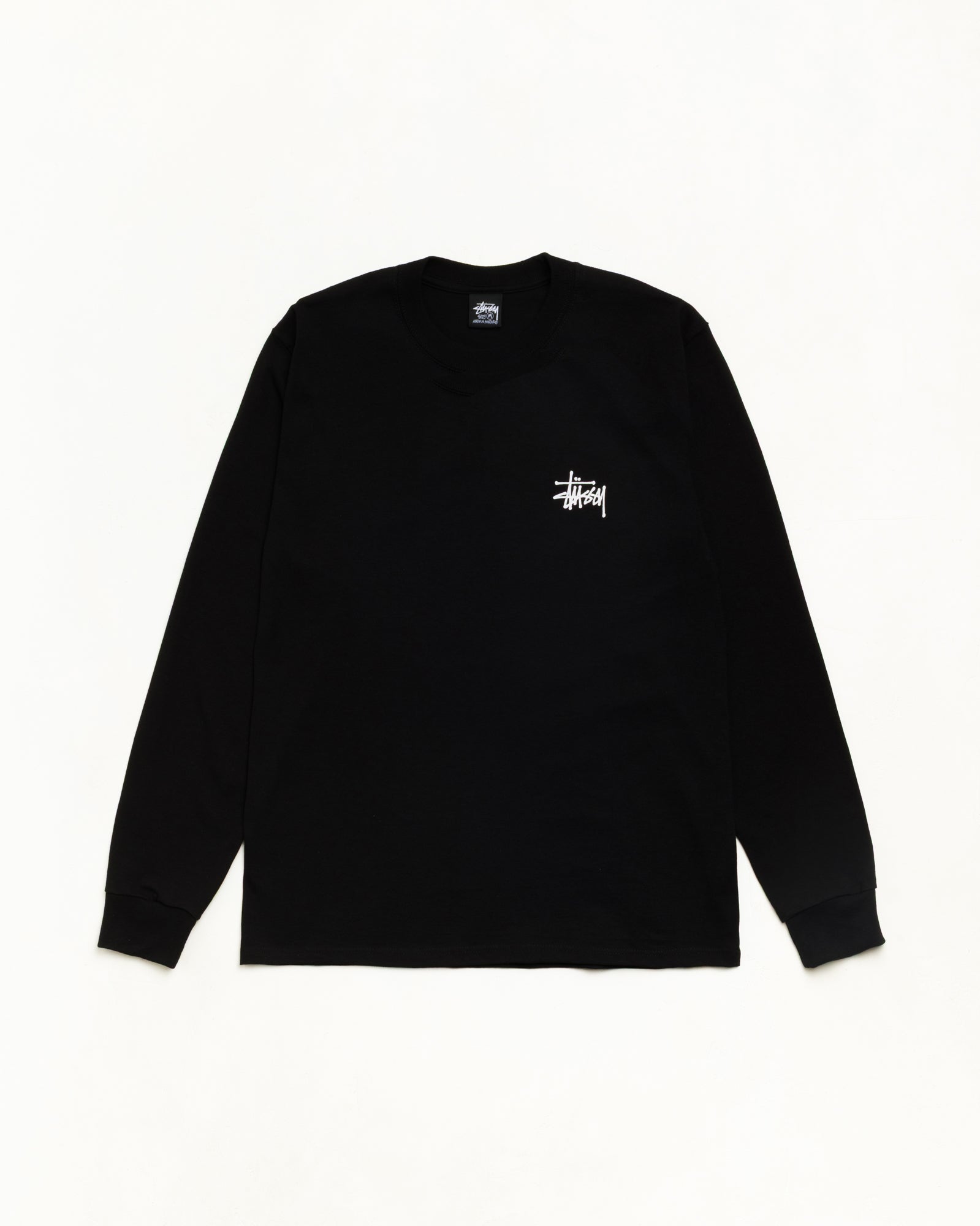 Basic Stüssy LS Tee 롱슬리브 티셔츠, 블랙 컬러, 가슴 로고 프린트 디테일