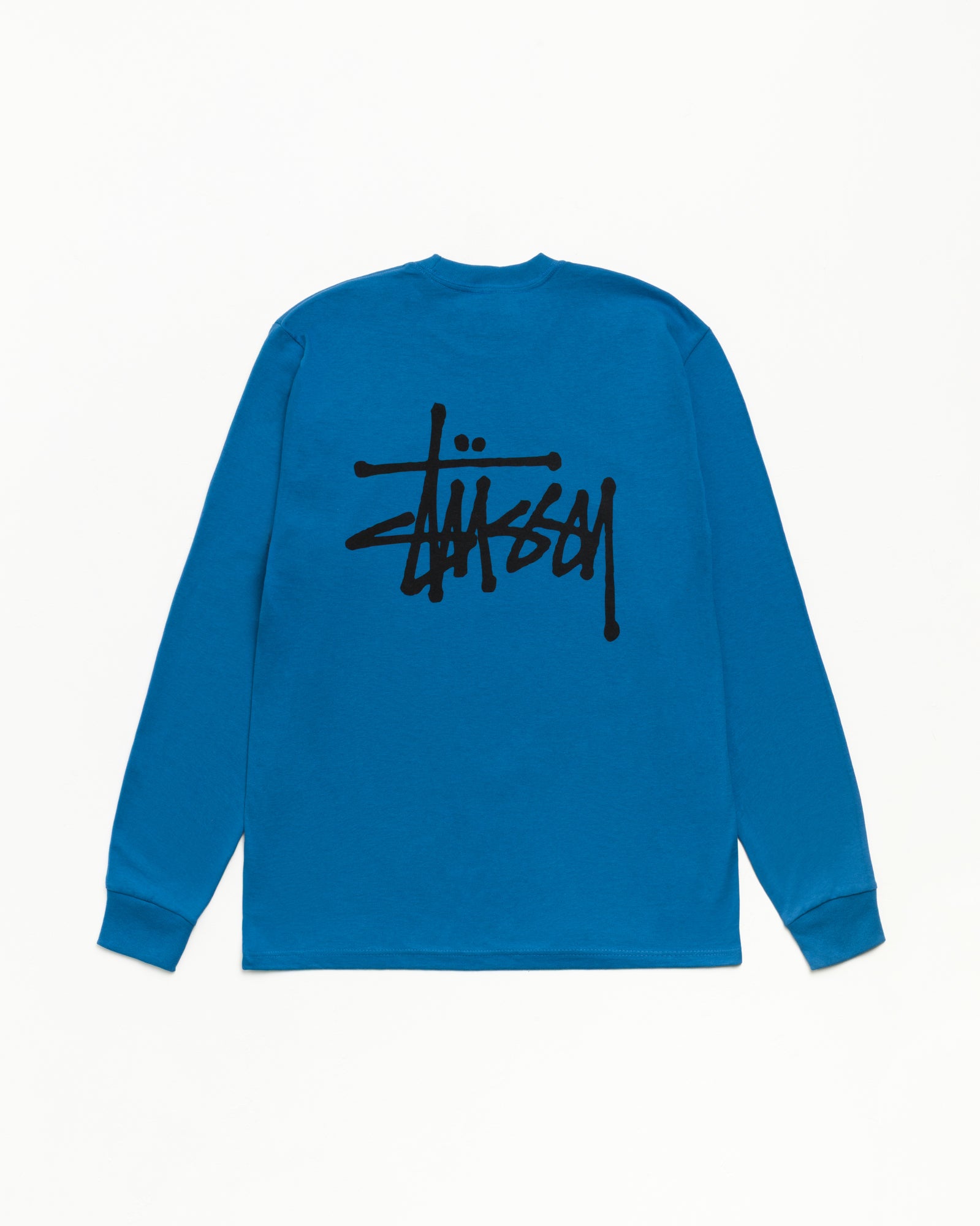 Basic Stüssy LS 티, 블루 컬러의 롱슬리브 코튼 티셔츠, 등판에 블랙 로고 프린트