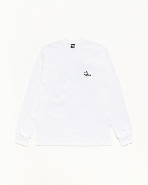 Basic Stüssy LS 티, 화이트 코튼 소재의 긴소매 T셔츠, 가슴 로고 디테일이 있는 제품