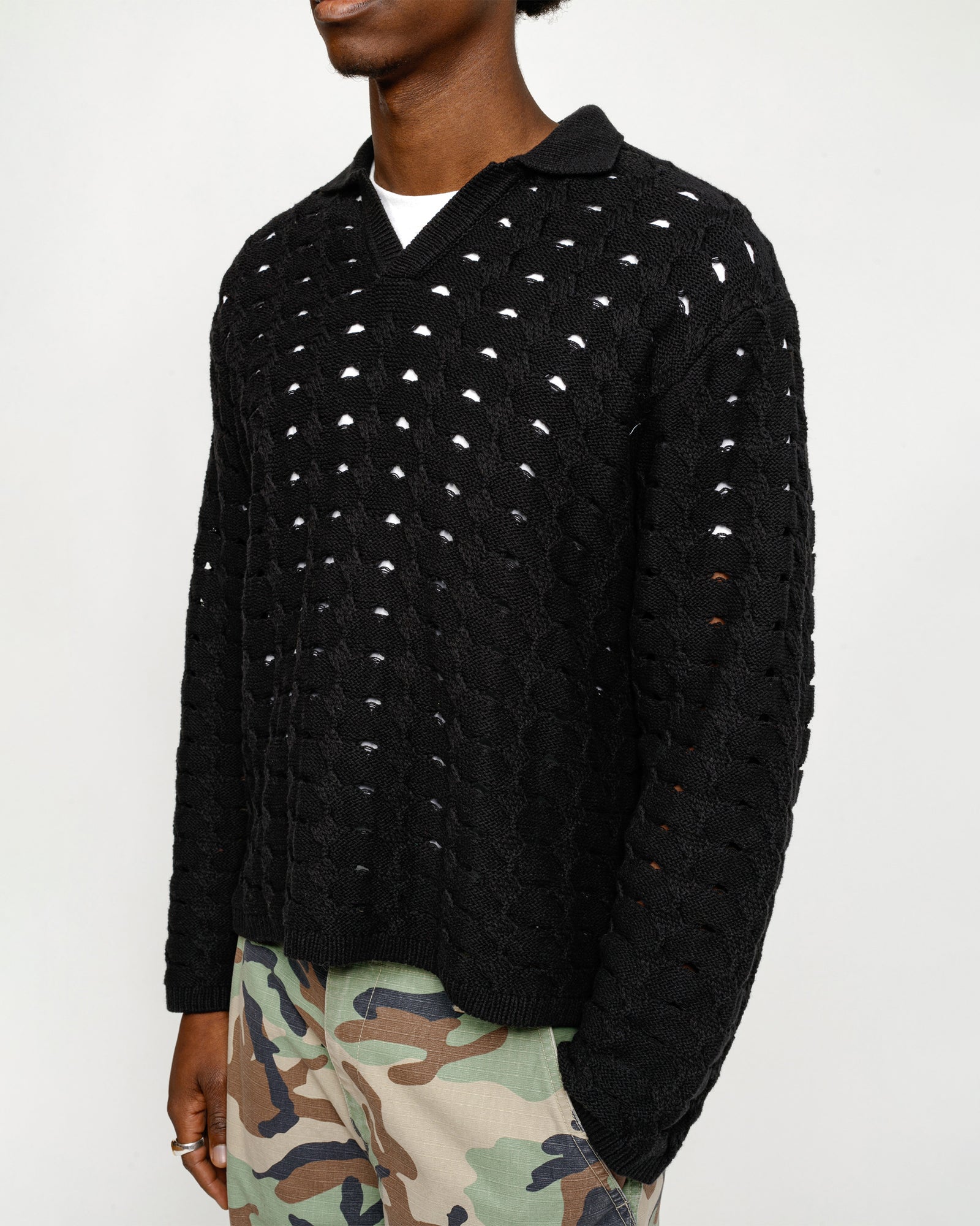 Stüssy Open Knit Collared Sweater Washed Black Knits