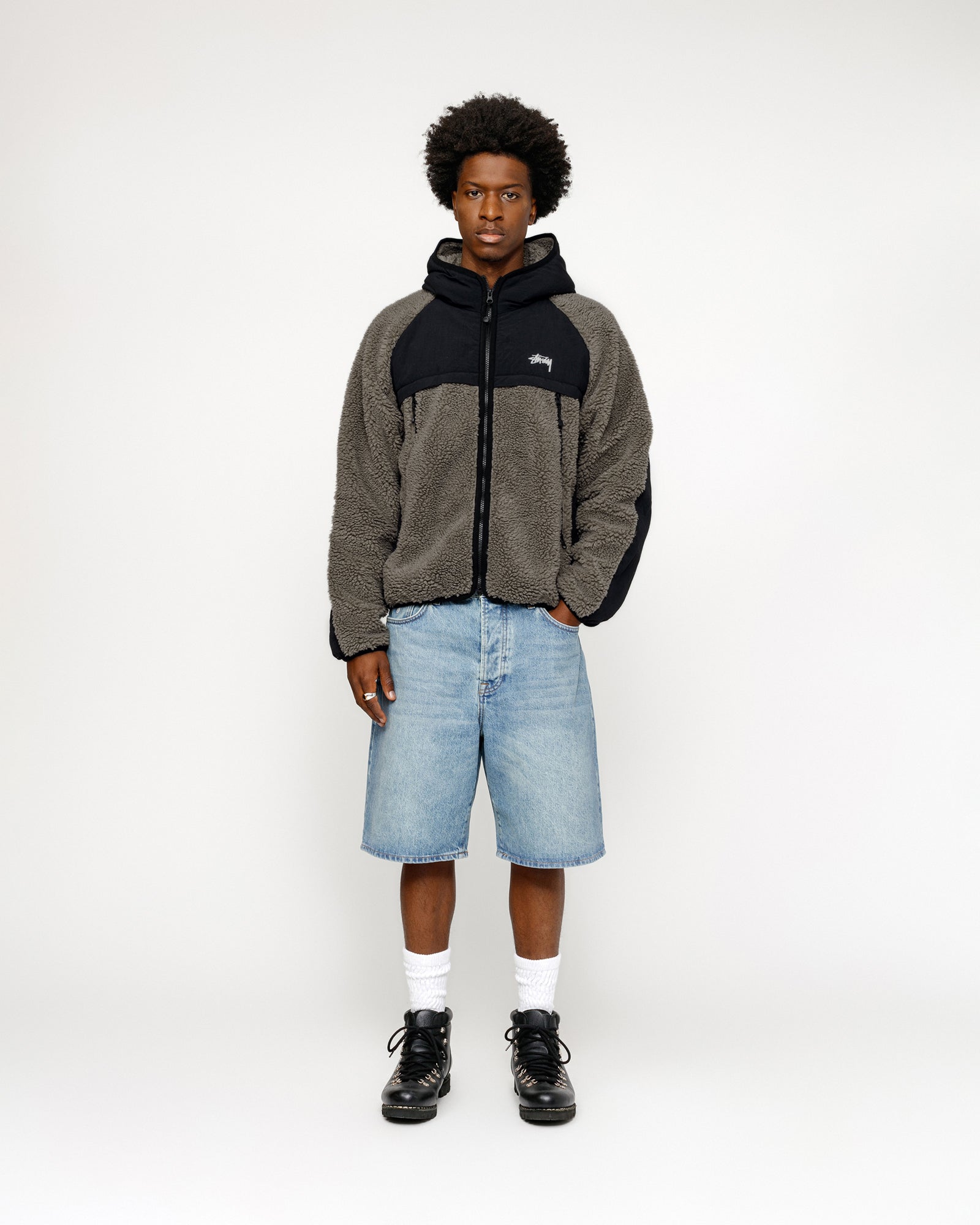 Sherpa Paneled Hooded Jacket Stone Outerwear